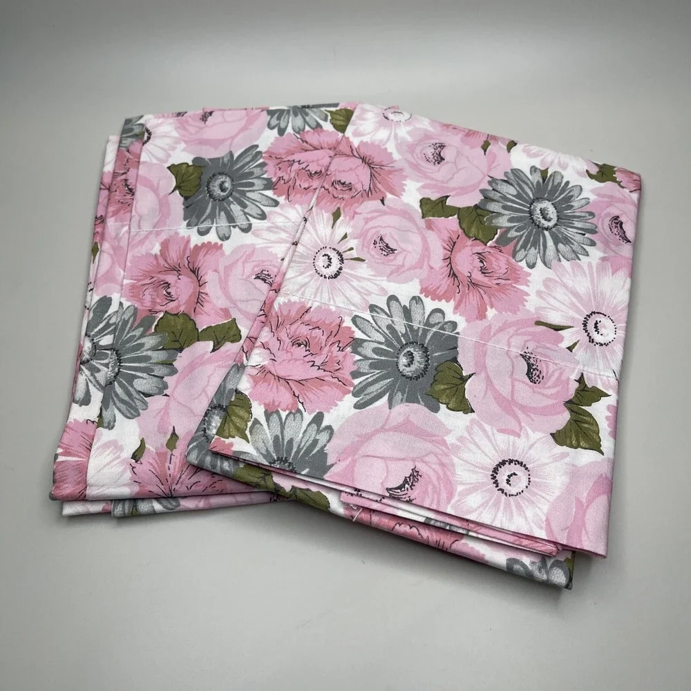 Vintage Burlington Spunwell Pillowcases Standard Cotton Pink Floral Print Pair‎